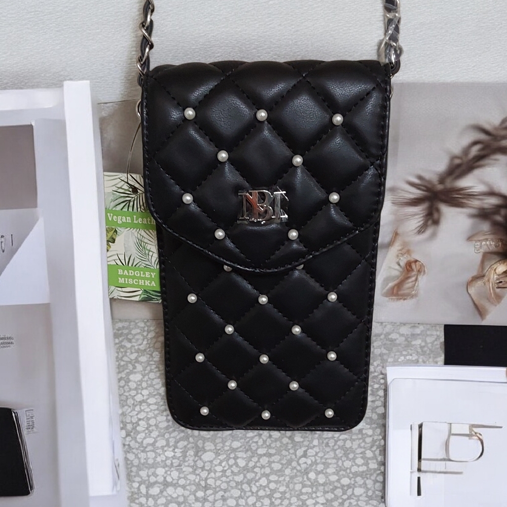 Badgley Mischka Black Quilted Crossbody Phone Bag with Pearls